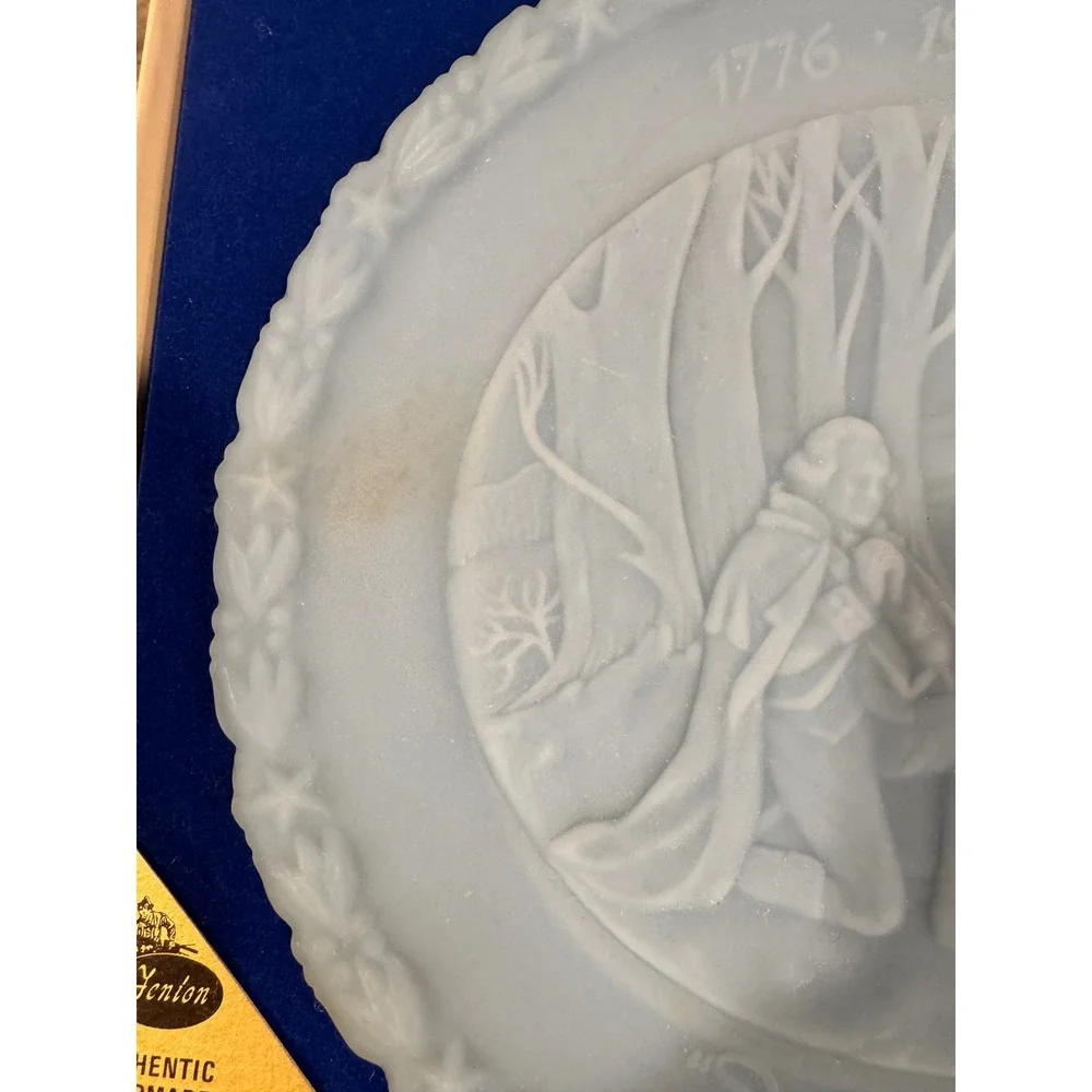Fenton Bicentennial Plate George Washington Valley Forge Powder Blue Glass Boxed
